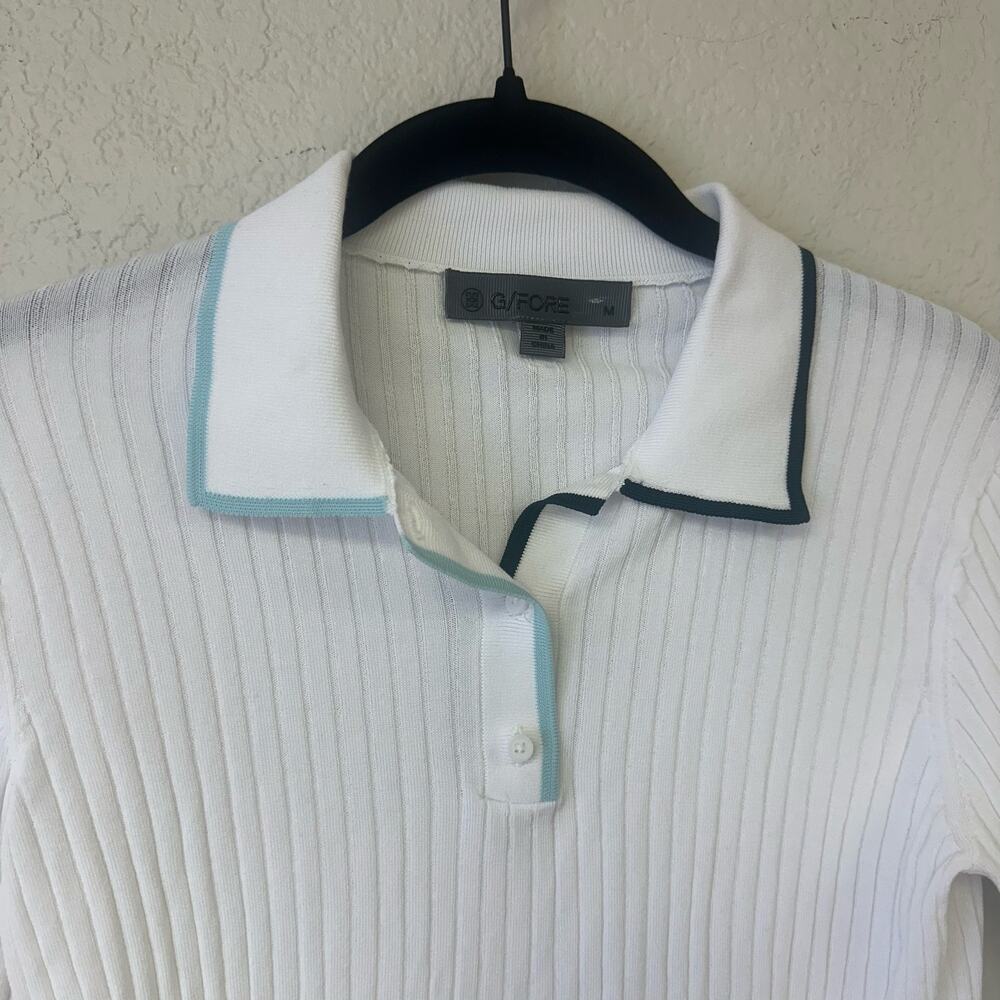 G/FORE Long Sleeve Textured Rib Knit Golf Polo Shirt Contrast Trim White - Picture 7 of 7
